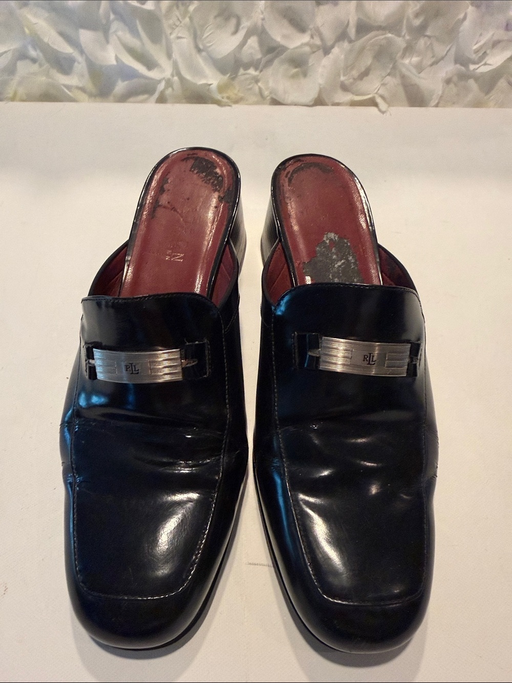 Polo by Ralph Lauren Black Leather Slip-On Loafers with Silver Plaque
